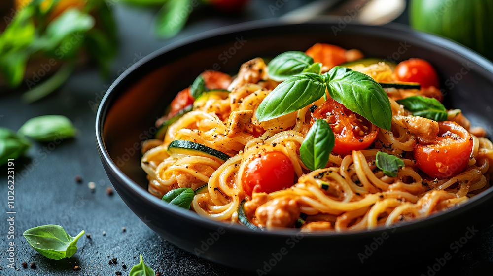 Fresh Plant-Based Pasta Dish Close-Up Fresh Plant-Based Pasta Dish Close-Up