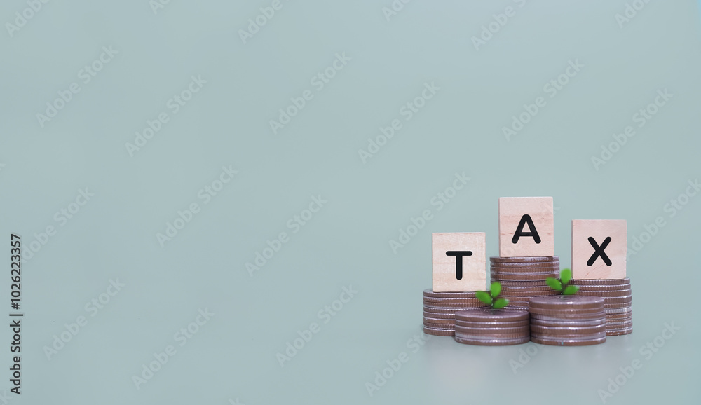 Fototapeta premium Wooden blocks with the word TAX on stack of coins. The concept of saving money for payment tax in future