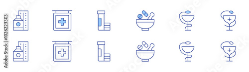 Pharmacy icon set in two styles, Duotone and Thin Line style. Editable stroke. mortar, hygeia, pills, signpost, effervescent