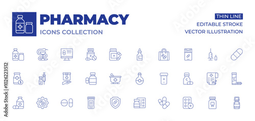 Pharmacy icons collection. Thin Line icons, editable stroke. medicine, price, shield, mortar, pill, development, injection, flask, antidepressant, pills, medicine box