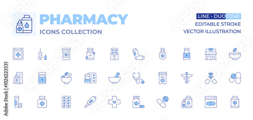 Pharmacy icons collection. Line Duotone style, editable stroke. medicine, mortar, pills, pill, stethoscope, antidepressant, cross, pregnancy test, effervescent, drugs