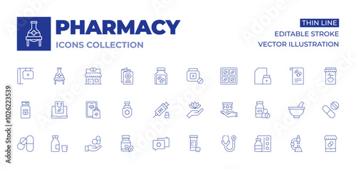 Pharmacy icons collection. Thin Line icons, editable stroke. pills, online pharmacy, syrup, buy online, herbal, protection, supplement, medicines, diagnosis, stem cells