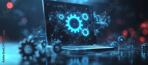 Laptop with Gears for Technical Support and Maintenance