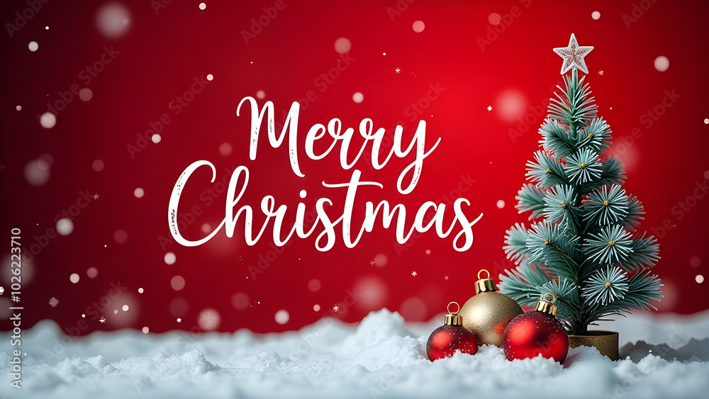 Obraz premium Christmas holiday background with white Handwriting thin Letters Merry Christmas over red Christmas red blurred background with small snow Christmas tree and balls