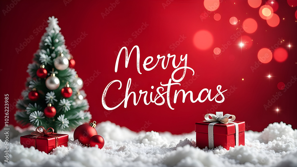 Obraz premium Christmas holiday background with white Handwriting thin Letters Merry Christmas over red Christmas red blurred background with small snow Christmas tree and balls