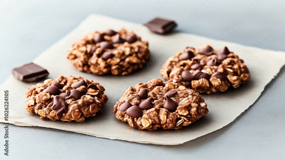 Close-up of four homemade oatmeal chocolate chip cookies on parchment paper with chocolate chunks on a light gray surface. Close-up of four homemade oatmeal chocolate chip cookies on parchment paper with chocolate chunks on a light gray surface.