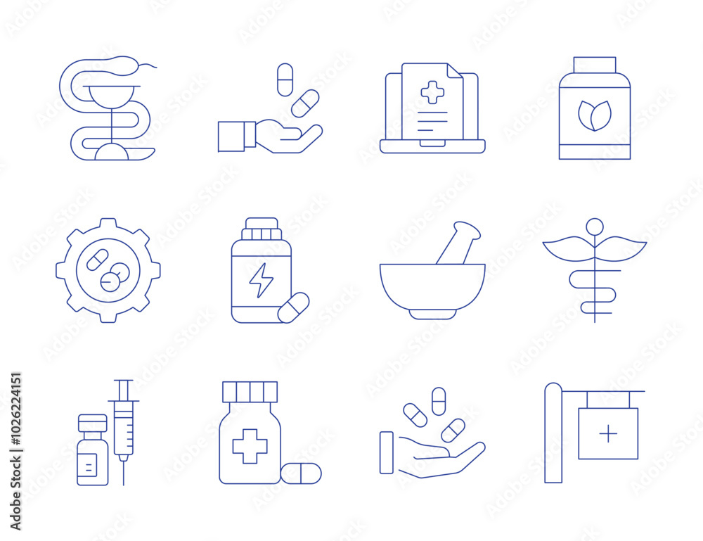Pharmacy icons. Thin Line style, editable stroke. online pharmacy, mortar, medicine, vegan, pills, supplement, development, injection, pharmacy Pharmacy icons. Thin Line style, editable stroke. online pharmacy, mortar, medicine, vegan, pills, supplement, development, injection, pharmacy