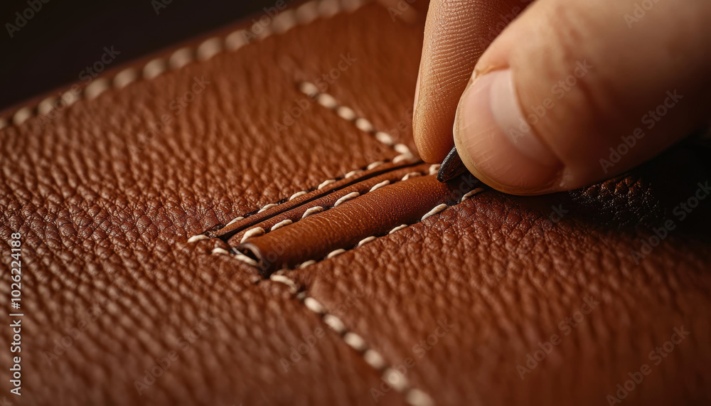 Hand stitching brown leather with visible needle and thread details, dark background.