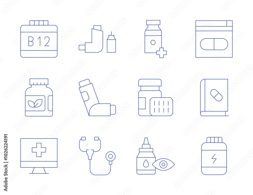 Pharmacy icons. Thin Line style, editable stroke. online pharmacy, vitamin, medicine, inhaler, pill, eye dropper, stethoscope, book, b 19, supplement Pharmacy icons. Thin Line style, editable stroke. online pharmacy, vitamin, medicine, inhaler, pill, eye dropper, stethoscope, book, b 19, supplement