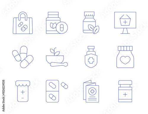 Pharmacy icons. Thin Line style, editable stroke. online pharmacy, herbal, protection, leaflet, jar, medicine, supplement, mortar, pills, shopping bag, supplements