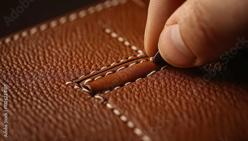 Obraz na płótnie Hand stitching brown leather with visible needle and thread details, dark background. w salonie