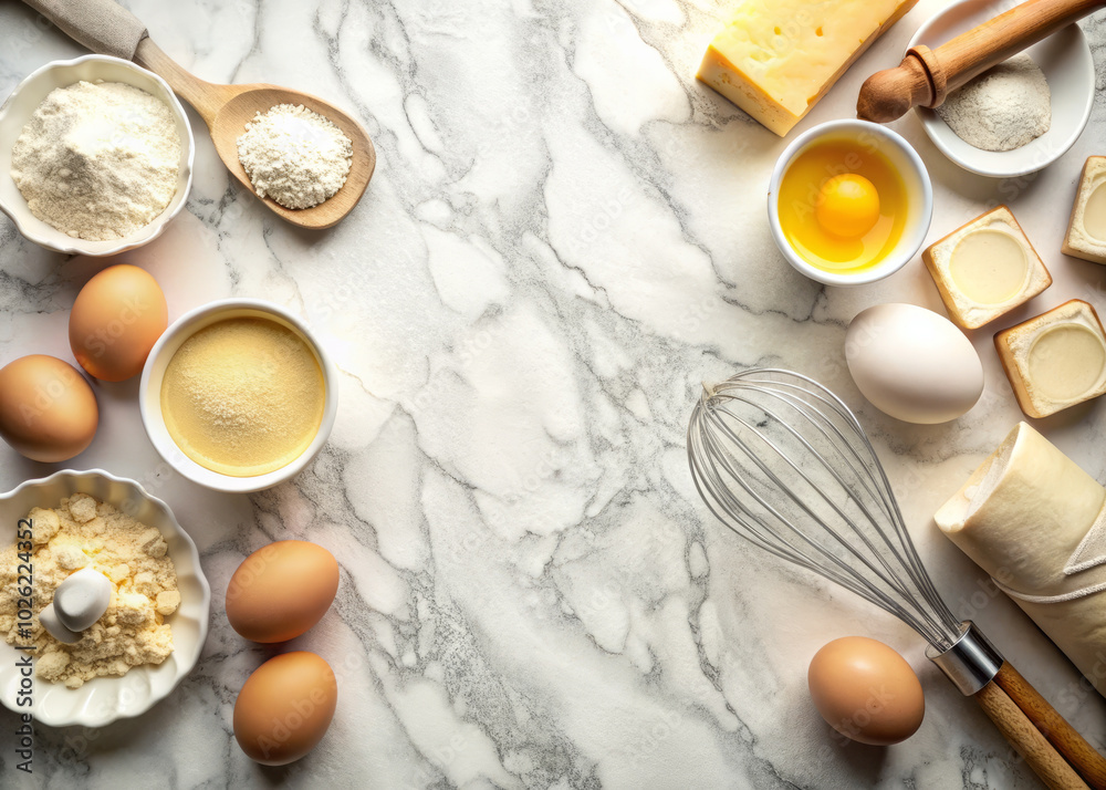 Baking ingredients including flour, eggs, sugar, and cheese are beautifully arranged on marble surface, creating delightful scene for culinary creativity Baking ingredients including flour, eggs, sugar, and cheese are beautifully arranged on marble surface, creating delightful scene for culinary creativity