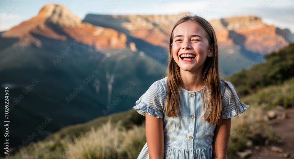 Naklejka premium Teen South African girl in summer dress laughing portrait photo mountain backdrop background