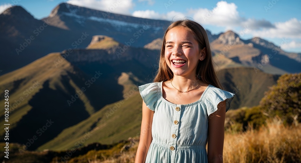 Naklejka premium Teen South African girl in summer dress laughing portrait photo mountain backdrop background