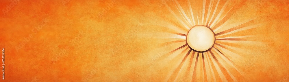 Fototapeta premium Bright sun with rays on a warm orange background.