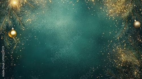 Sparkling holiday background with green hues and festive decorations showcasing gold ornaments and shimmering lights