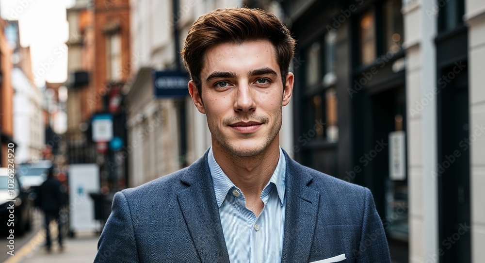 Young British guy in a casual blazer neutral expression portrait photo city street background Young British guy in a casual blazer neutral expression portrait photo city street background