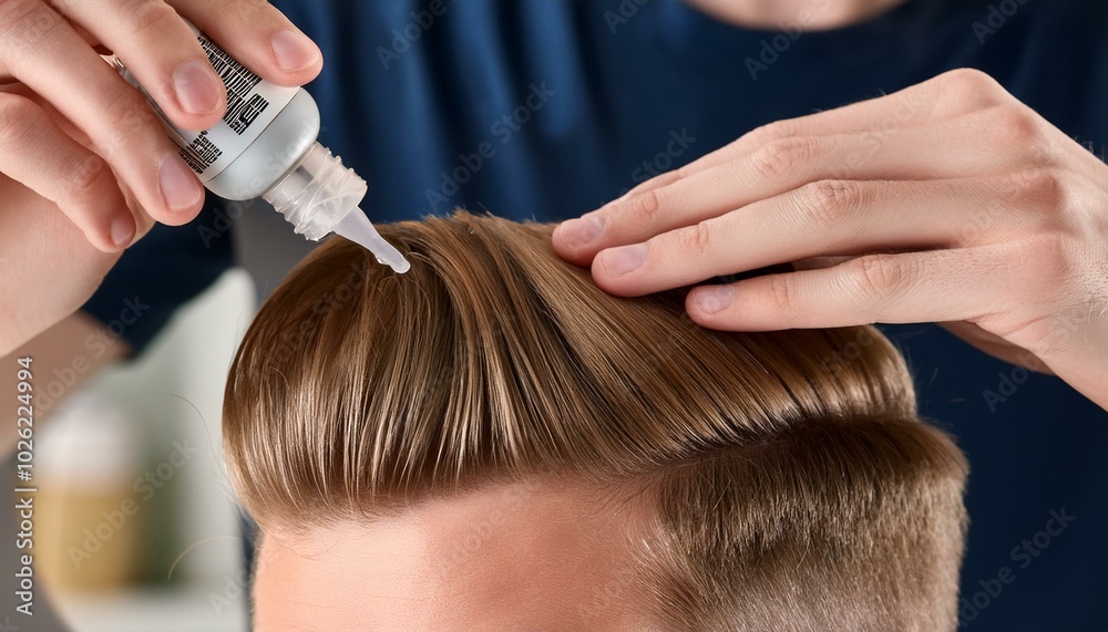 applying hair serum to smooth and enhance the texture of a young man s hairstyle in a contemporary indoor setting applying hair serum to smooth and enhance the texture of a young man s hairstyle in a contemporary indoor setting