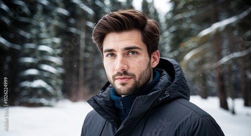 Young Canadian guy in a winter jacket focused expression portrait photo snowy forest background