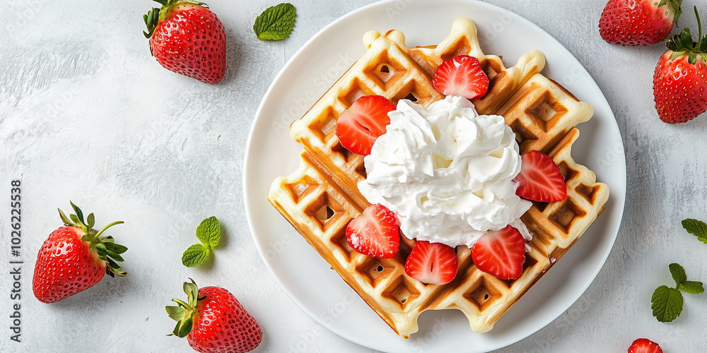 Delicious waffle topped with whipped cream and fresh strawberries on a white plate. Delicious waffle topped with whipped cream and fresh strawberries on a white plate.