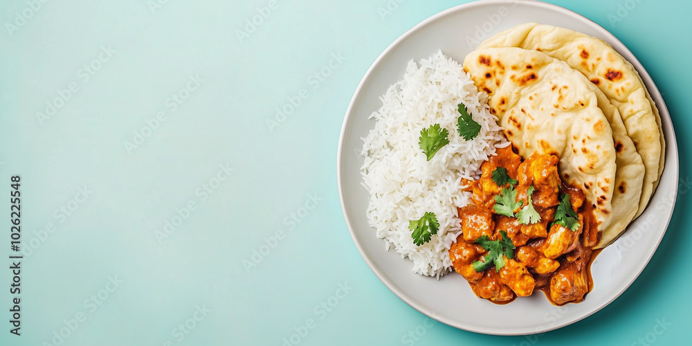 Top view of Indian chicken curry with naan bread and rice on a white plate. Top view of Indian chicken curry with naan bread and rice on a white plate.