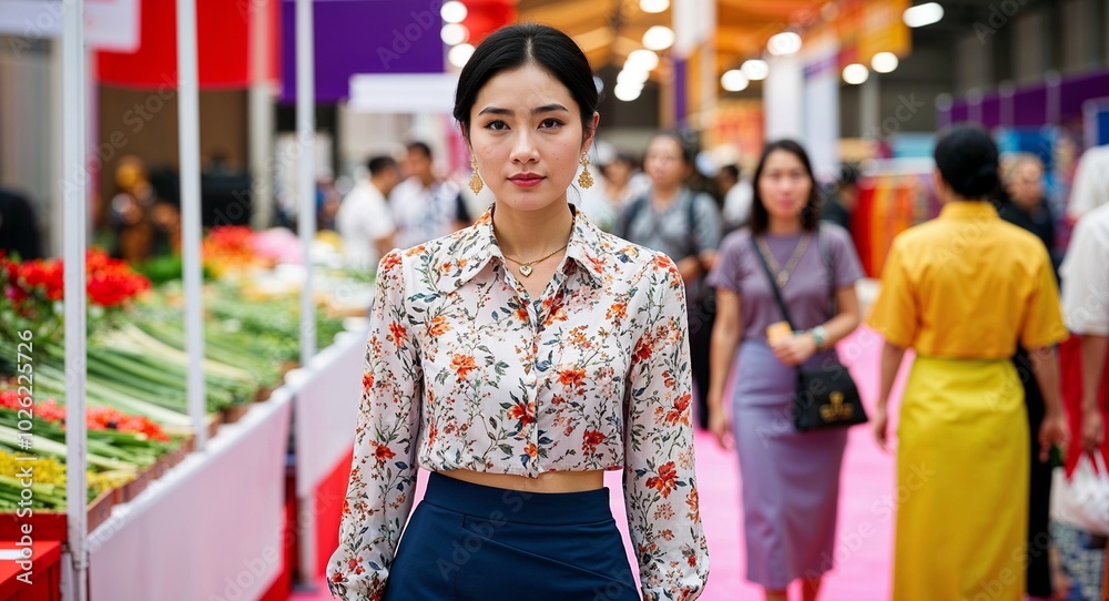Young Thai woman in floral blouse and skirt calm expression portrait photo cultural fair background Young Thai woman in floral blouse and skirt calm expression portrait photo cultural fair background