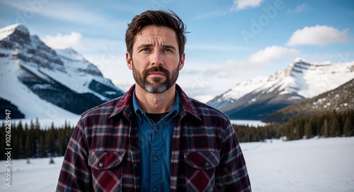 Adult Canadian man in a flannel jacket focused expression portrait photo snowy mountains background