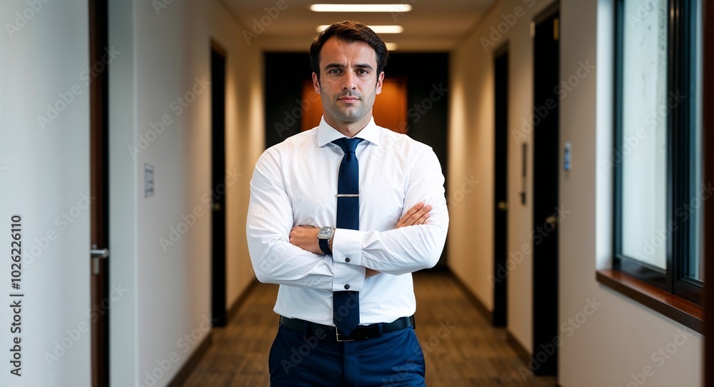 Fototapeta premium Adult French man in formal office attire serious pose portrait photo corporate hallway background