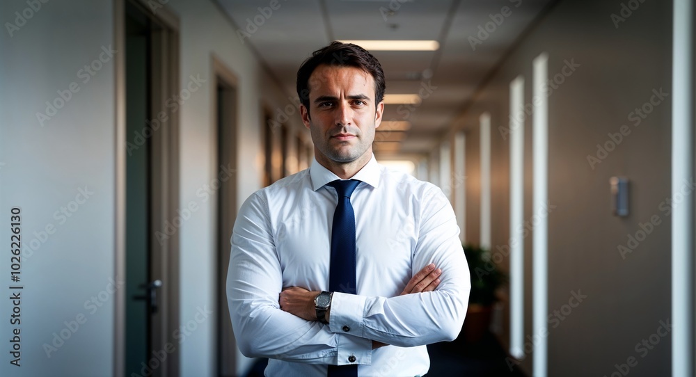 Adult French man in formal office attire serious pose portrait photo corporate hallway background Adult French man in formal office attire serious pose portrait photo corporate hallway background