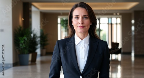Adult French woman in formal suit neutral expression portrait photo office lobby background
