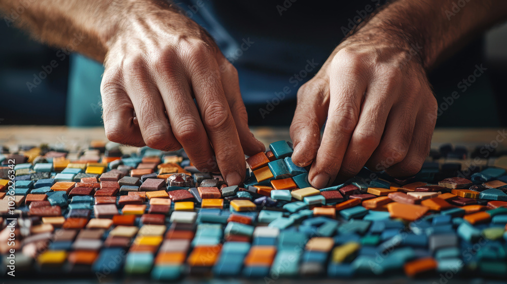 Person assembling colorful mosaic tiles on a wooden surface. Person assembling colorful mosaic tiles on a wooden surface.