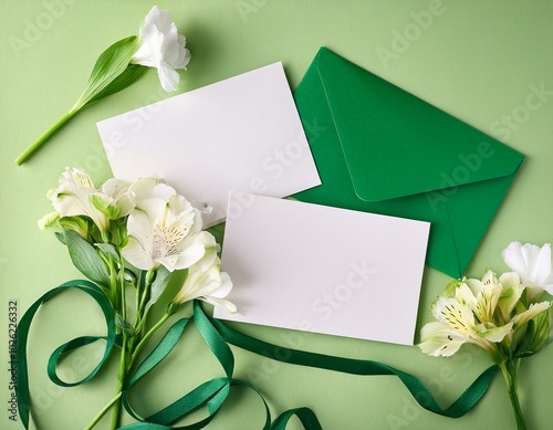 blank paper cards with green envelopes ribbon flowers on pastel green background top view wedding stationery set