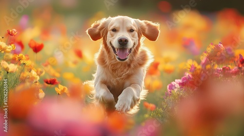 Golden retriever running through a vibrant field of flowers. 