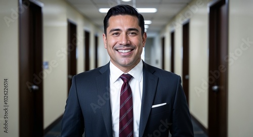 Adult Mexican man in a business suit smiling portrait photo office hallway background