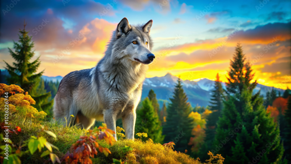 Fototapeta premium Majestic grey wolf stands on vibrant hillside, surrounded by lush greenery and colorful foliage, under stunning sunset sky. scene evokes sense of wild beauty and tranquility