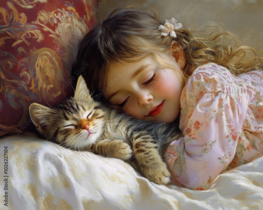 A girl and her sleeping kitten A girl and her sleeping kitten