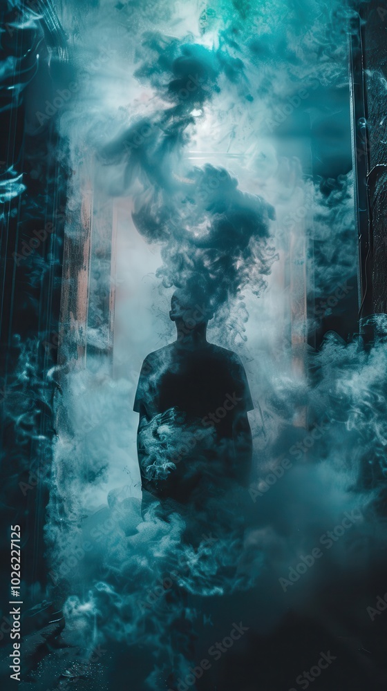 A man is standing in a room with smoke and a blue background