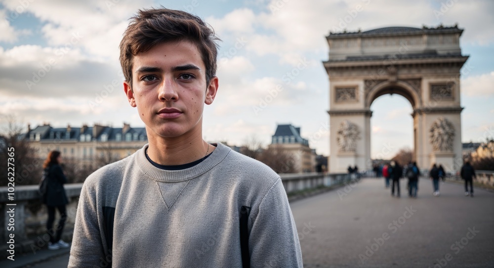 Teen French guy in a casual sweater serious expression portrait photo historical monument background Teen French guy in a casual sweater serious expression portrait photo historical monument background