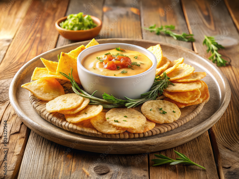 Creamy dip served in bowl surrounded by crispy tortilla chips and crackers, garnished with fresh herbs, creating warm and inviting snack platter Creamy dip served in bowl surrounded by crispy tortilla chips and crackers, garnished with fresh herbs, creating warm and inviting snack platter