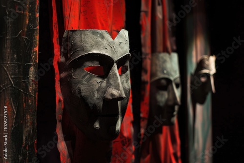 Three masks are hanging on a wall, one of which has a red face