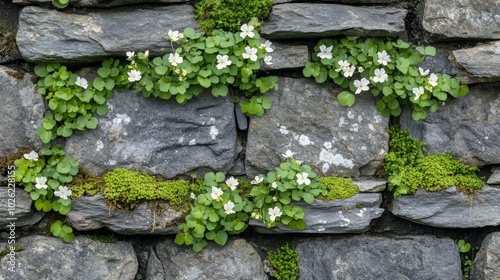 White Flowers Growing in the Crevices of a Stone Wall