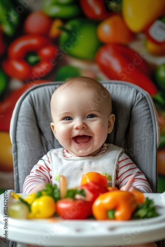 Joyful baby surrounded by colorful vegetables