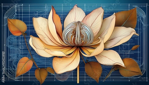 detailed botanical illustration showing the structure of a flower with leaf and stem anatomy against a blueprint style background