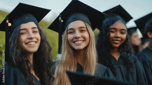 Graduation ceremony, diverse students in caps and gowns, clean background, copy space