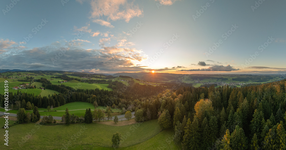 Naklejka premium panoramic aerial photo near sunset in the Allgäu Alps next to village of Oberreute, Bavaria, 