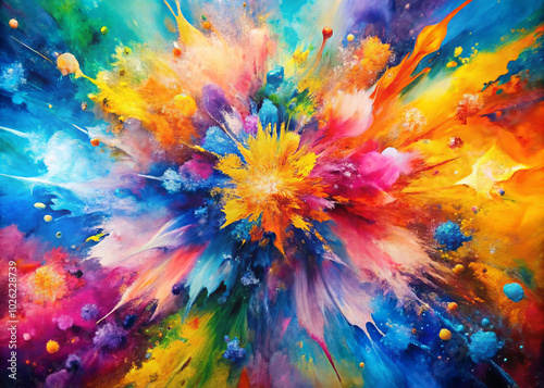 vibrant explosion of colors bursts forth, creating intense kaleidoscope effect that captivates viewer. dynamic mix of hues evokes sense of energy and creativity