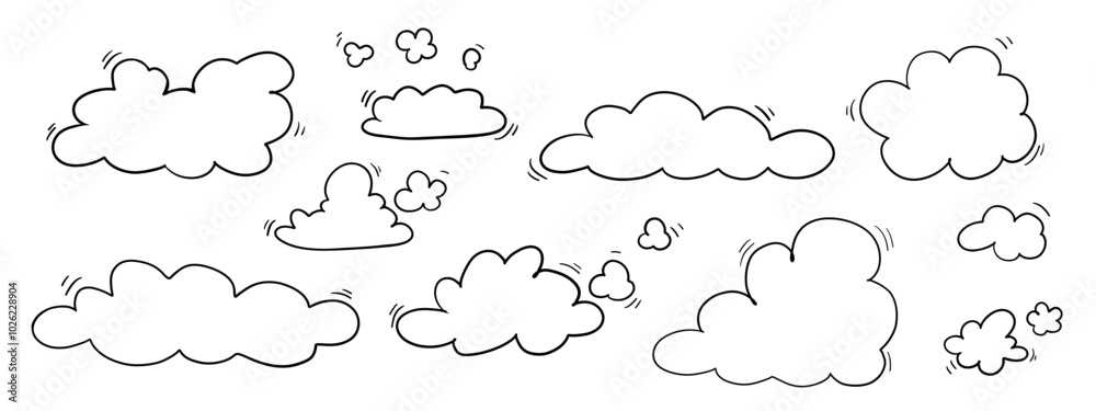 Hand drawn outline clouds isolated on transparent background. Doodle creeping clouds collection. Vector illustration Hand drawn outline clouds isolated on transparent background. Doodle creeping clouds collection. Vector illustration