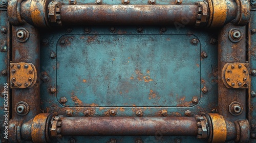 Rusty Metal Panel with Industrial Pipes and Bolts photo