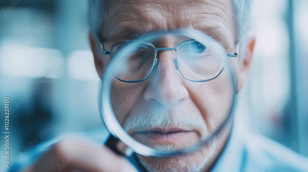 Man using electronic magnifier to read, bright room, clean layout, copy space