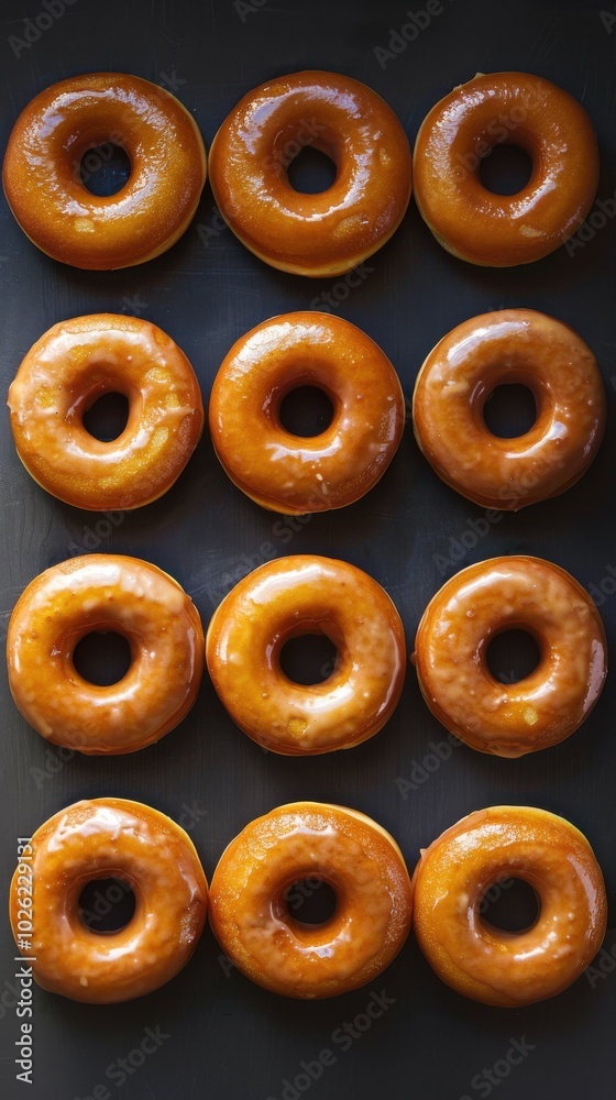 A row of glazed donuts on a black background A row of glazed donuts on a black background